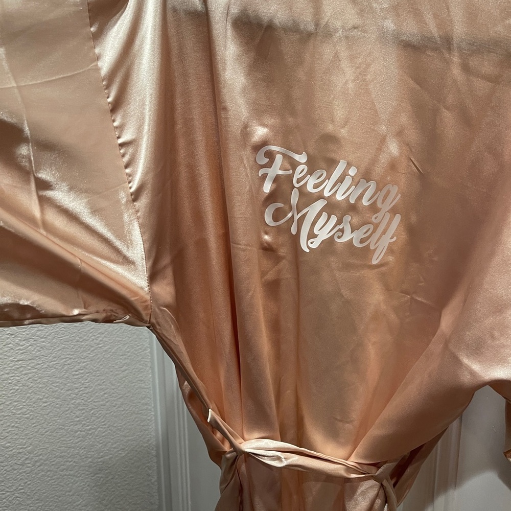 Custom “feeling myself” light Blush Pink Silky Lace Short Robe Bridal bath - Picture 10 of 16